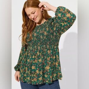 Torrid Peplum Crinkle Gauze Smocked Top Green Yellow Floral ruffle shoulder